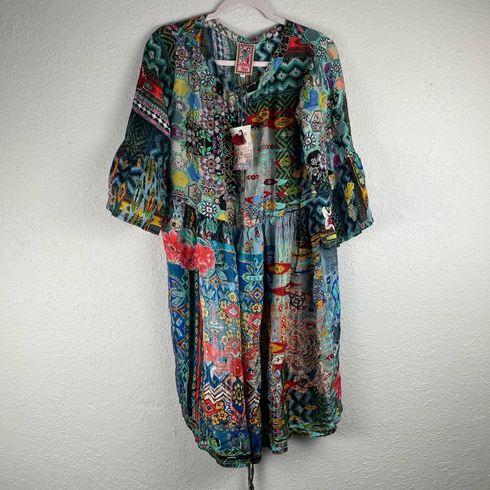Johnny Was Green Blue Bell Sleeve Midi Dress - Picture 3 of 9